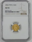 1854 Indian Princess Head Ty-2 GOLD $1 CERTIFIED NGC AU 55