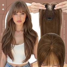 Clip in Human Remy 100 Hair Toppers Curtain Bangs Lace Base Hair Piece 12"-14"