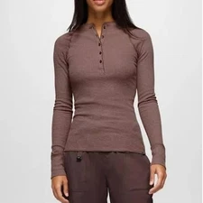 Prana Touchstone Henley Women's M Carob Heather Fitted Luxe Waffle Knit Texture