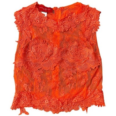 AKIRA Orange Red Label Back Zip Up Floral Lace Blouse Size Small