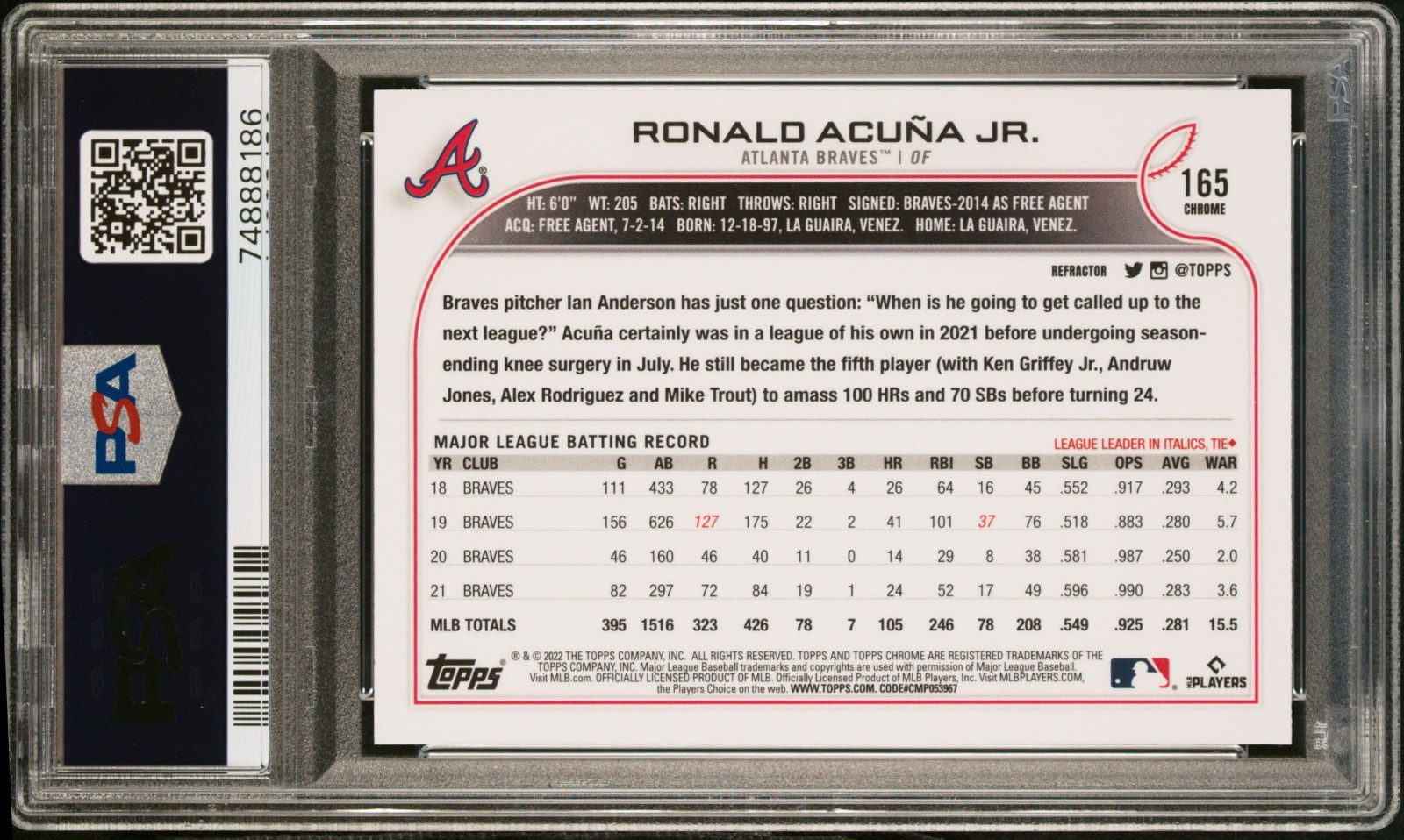2022 Topps Chrome Ronald Acuna Jr. Refractor #165 PSA 10 view 2