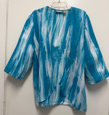 CHICO'S JACKET-White Cotton/Linen 3/4 Sleeve Open Style Blue Tie Dye Sz 2, 12-14