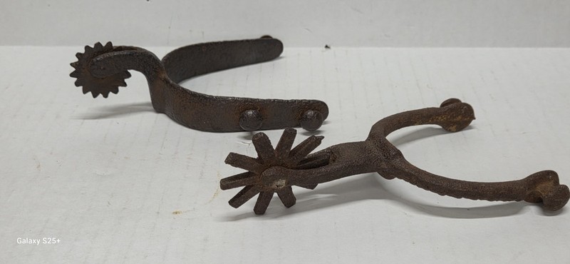 Antique Early Western Cowboy Iron Spurs Lot of 2 Rustic Found Relics Deep Patina