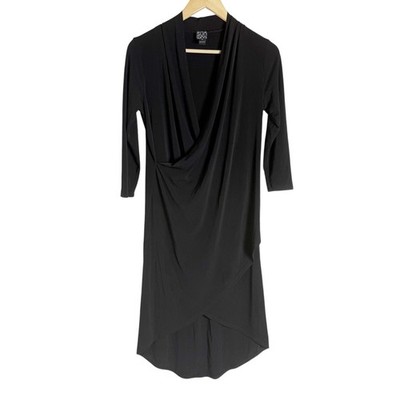 Clara Sun Woo Black Jersey 3/4 Sleeve V-Neck Faux Wrap Hi-Low Midi Dress Size XS