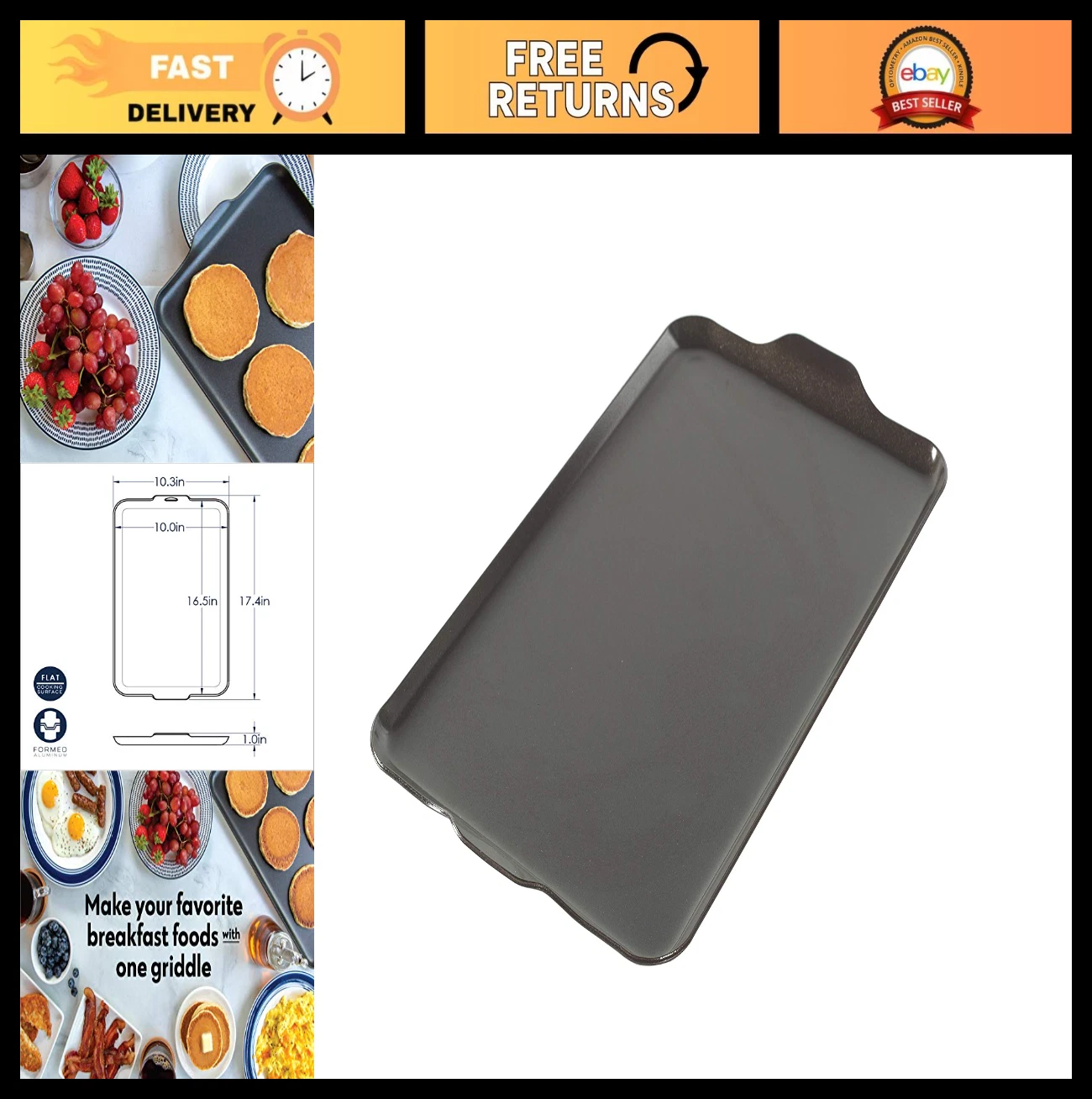 Non-Stick Two Burner Griddle, 10.3"x17.4", Perfect for Cooking & Grilling