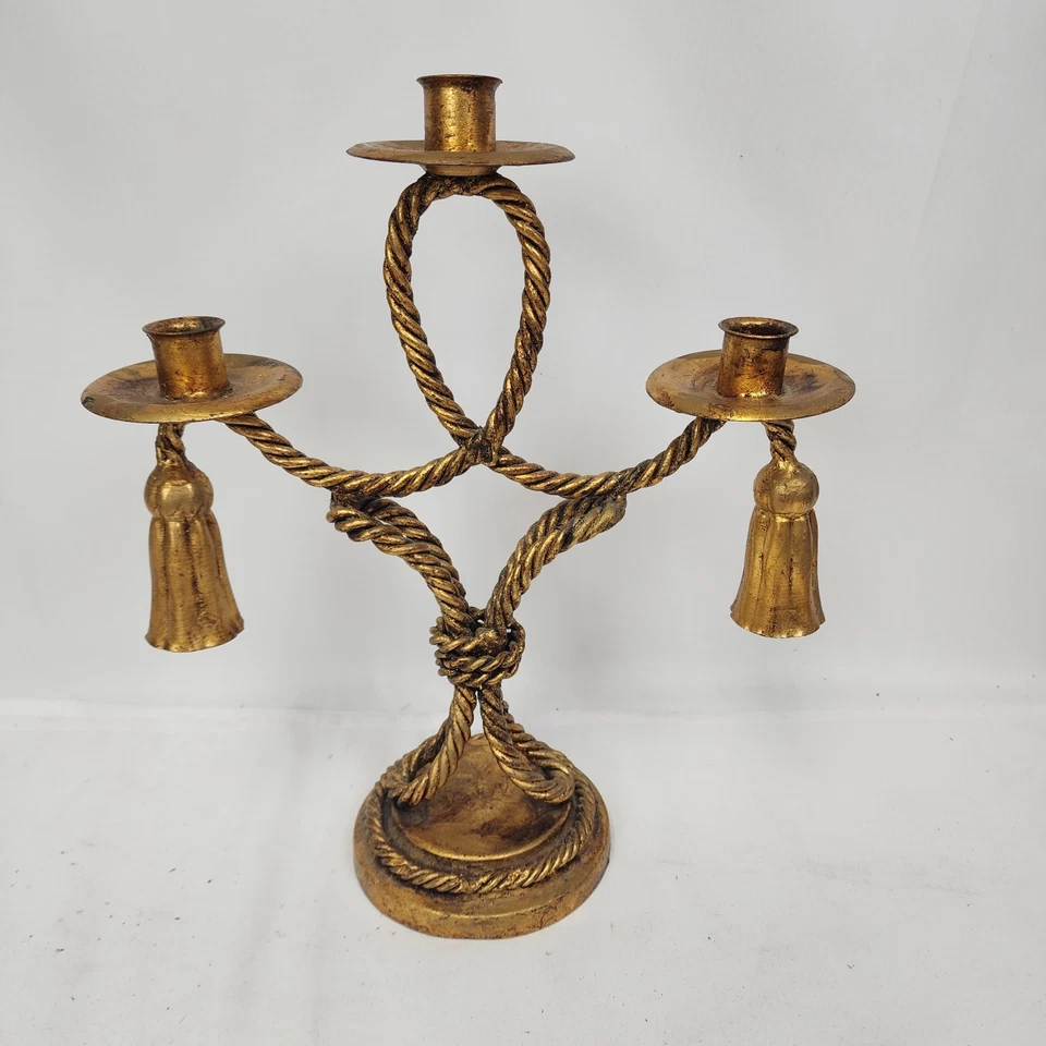 Candelabro italiano Tole cuerda dorada y borla Hollywood Regency 3 brazos 12" Foto 2 de 4