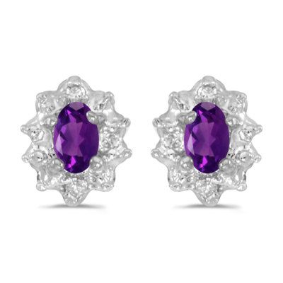 Ohrringe 10 Karat Weißgold ovaler Amethyst und Diamant