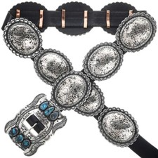 Navajo TURQUOISE HAMMERED DISTRESSED SILVER CONCHO BELT, Full Size Pawn Style