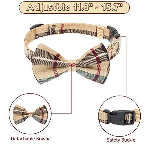 Dog Harness with Leash and Bow Tie Collaret - Plaid Puppy Harness, S Beige