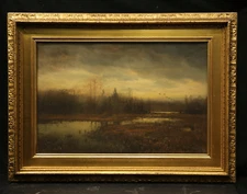 19th Century American Landscape with Pond and Trees Pastel on Paper