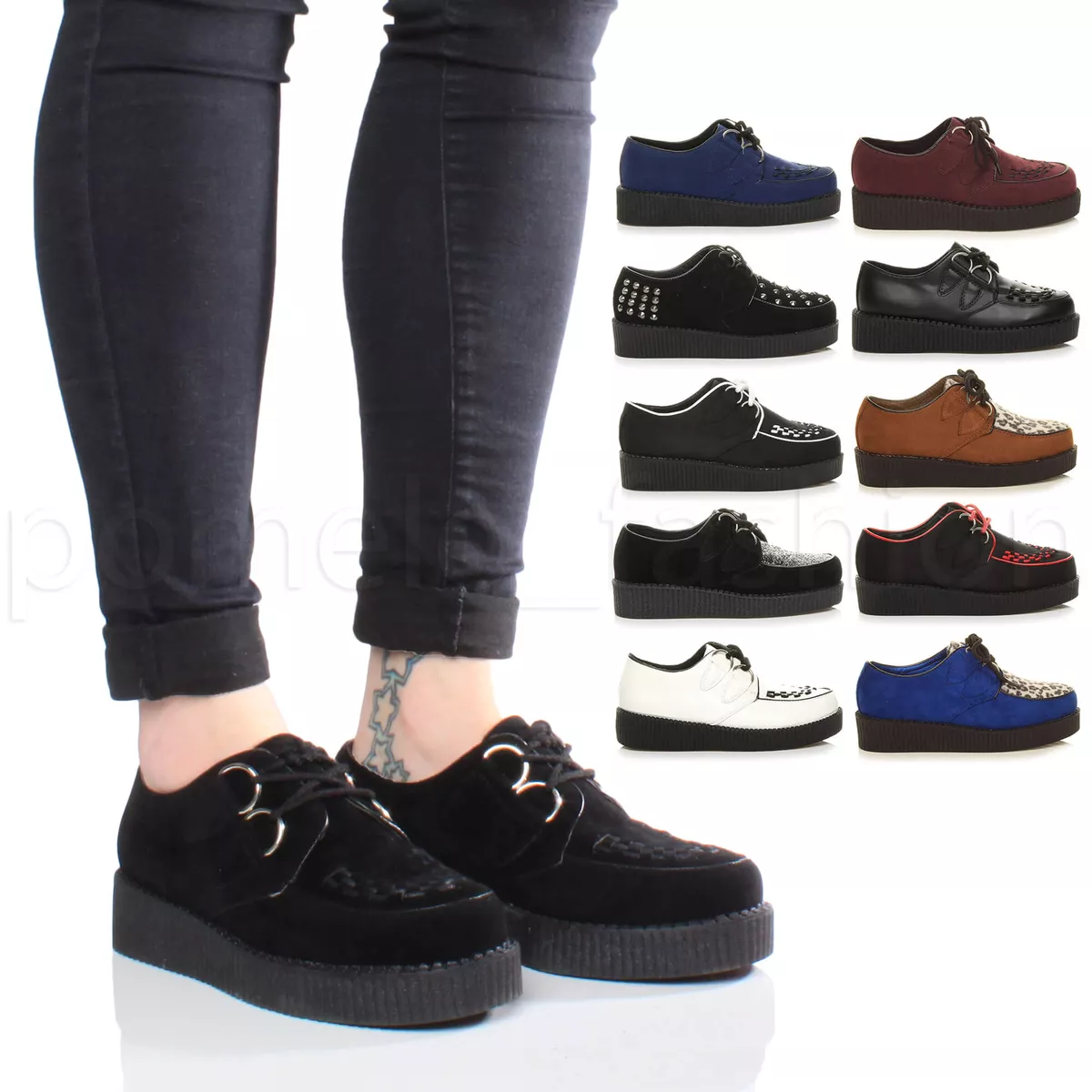 WOMENS LADIES FLATFORM PLATFORM LACE UP GOTH PUNK BROTHEL CREEPERS SHOES  SIZE