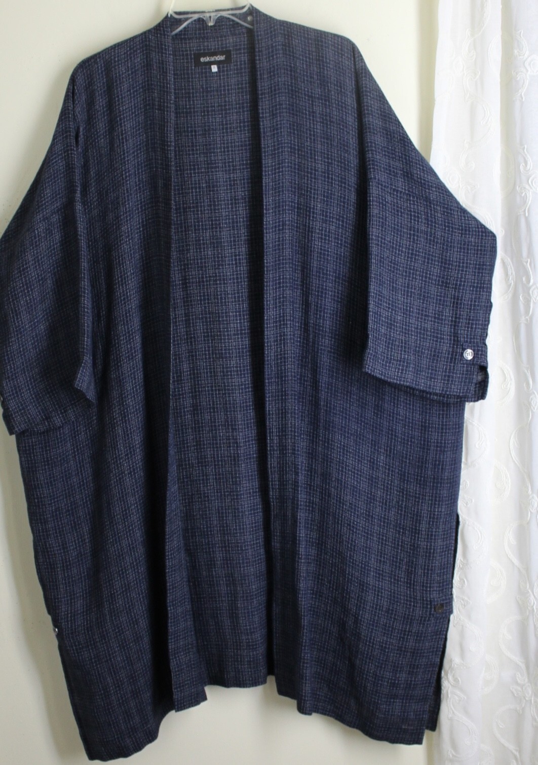 New Eskandar 0 OS Navy Check Crinkle Gauze Linen Lightweight 43"L Duster Jacket image 7