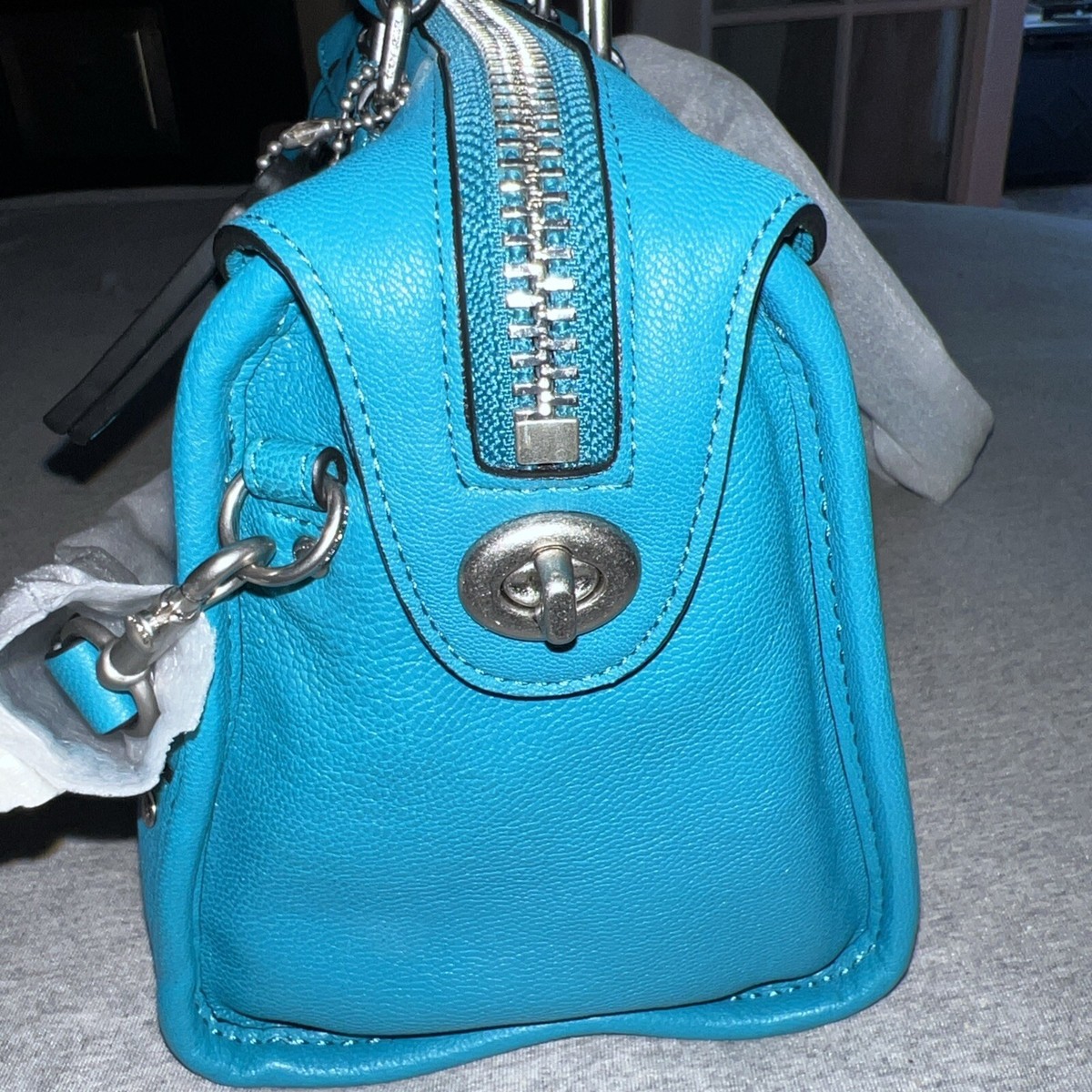 Coach Rhyder 24 Crinkle Leather Teal Zip Top Satchel Bag Coach Rhyder 24 Crinkle Leather Teal Zip Top Satchel Bag