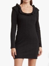 19 COOPER  Black Sweater Mini Dress Ruffled Round Neck Cable Knit Lined Women M