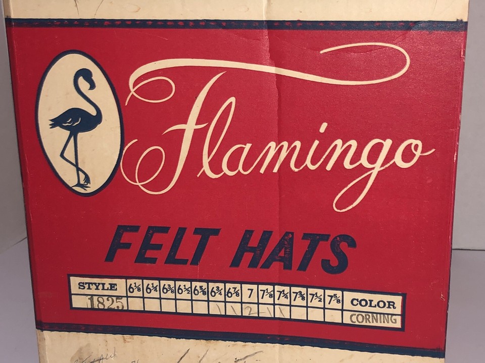 Vintage FLAMINGO Felt Hats Cardboard Storage Box EMPTY With Lid Script