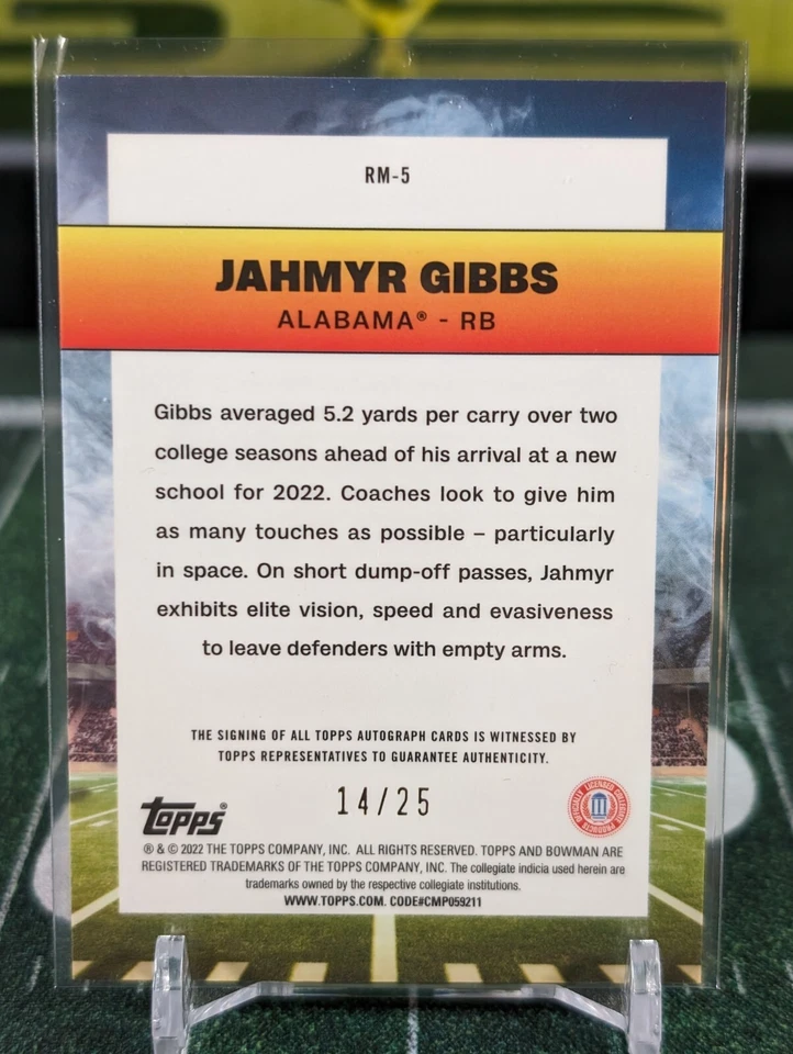 JAHMYR GIBBS 2022 BOWMAN CHROME UNIVERSITY RAMBLIN MAN ORANGE AUTO 14/25 - Image 2 of 2