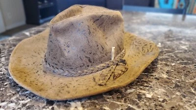 Hatquarters USA Brown Leather WESTERN COWBOY HAT Fedora w/Feather Men's Large - Image 1 of 4