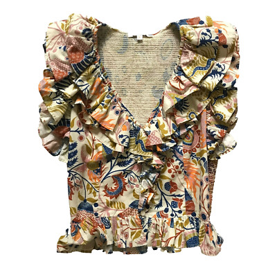 Love the Label Maxine Top Shirt Womens Medium Blue Cream V-Neck Ruffle Smocked