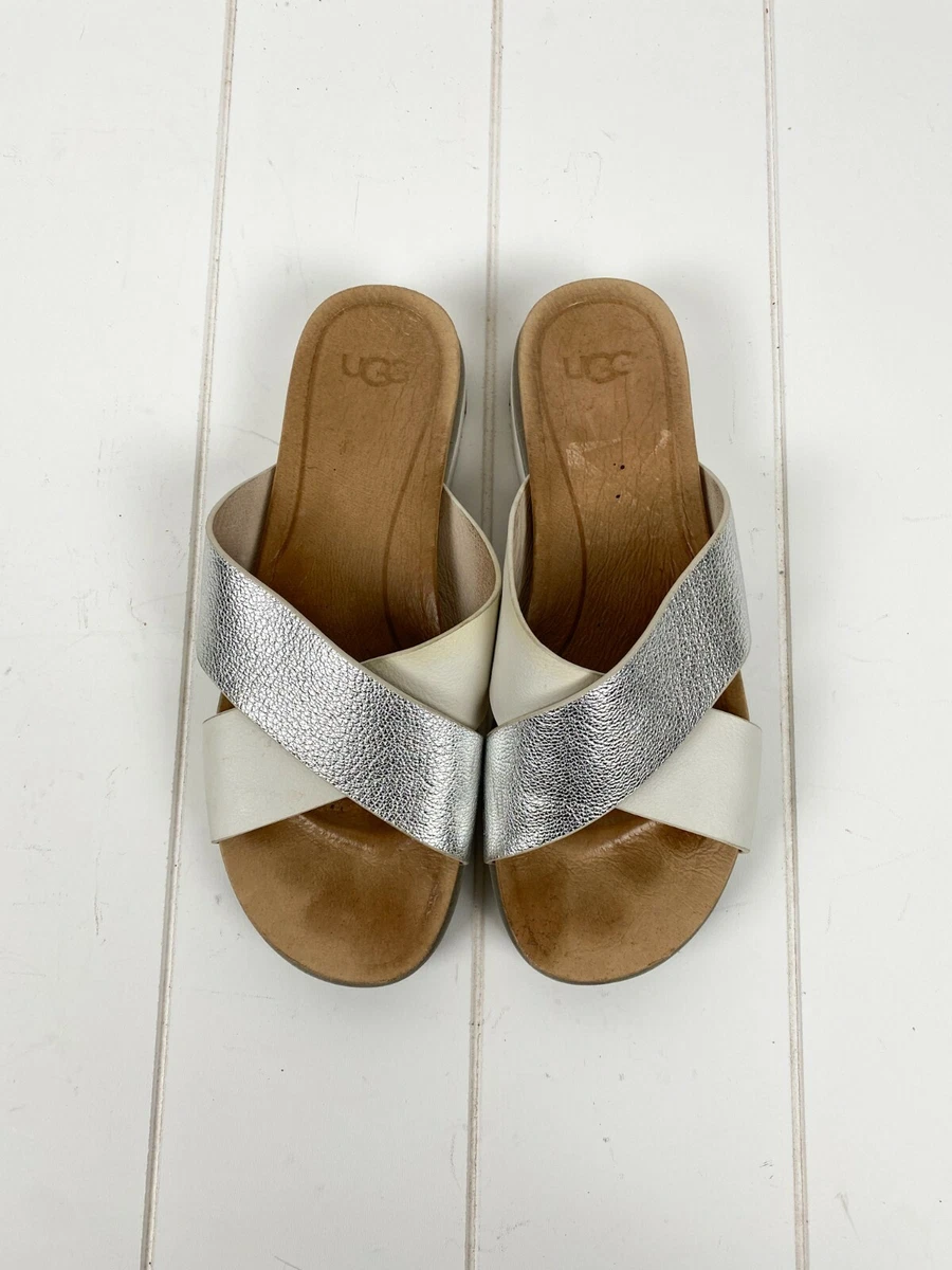 UGG KARI SILVER LEATHER FLAT SLIDE SANDAL WOMENS FLIP FLOPS SIZE