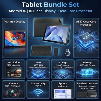 Android 16 Tablet 10.1 inch 36GB RAM 256GB ROM 6000mAh WiFi 6 BT