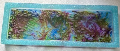 Großes handgefertigtes rechteckiges Korallenriff Blüte Tablett Epoxidharz & blaues Glas