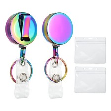 2 Pcs Metal Retractable Badge Holder Round with Horizontal ID Holders Iridescent