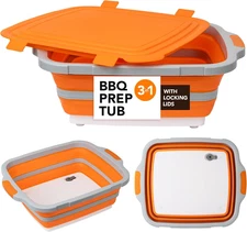 Large Collapsible BBQ Prep Tub with Locking Lid, Basket for Meal Prep Marinating