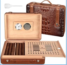 Cigar Humidor Box Cigar Lighter Cedar Wood Lined Leather Cigar Case Built in Hyg