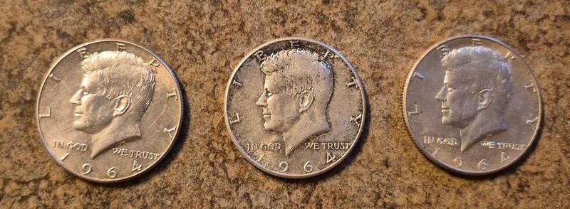 Lot of 3 Kennedy 1964 Silver Half-Dollars - Circulated - Good Condition