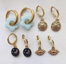 18k Gold Plated blue moon evil eye Hoop Earrings new