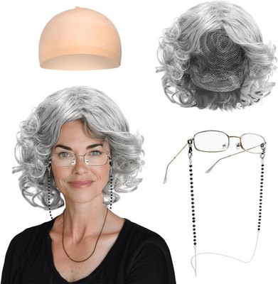 Alte Dame Kostüm Set grau Oma Perücke Brille mit Kette Zubehör Set