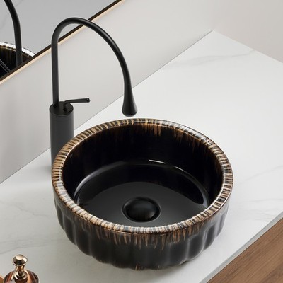 15'' Black Round Bathroom Sink Above Counter Ceramic Bowl Vessel Bathroom Sink
