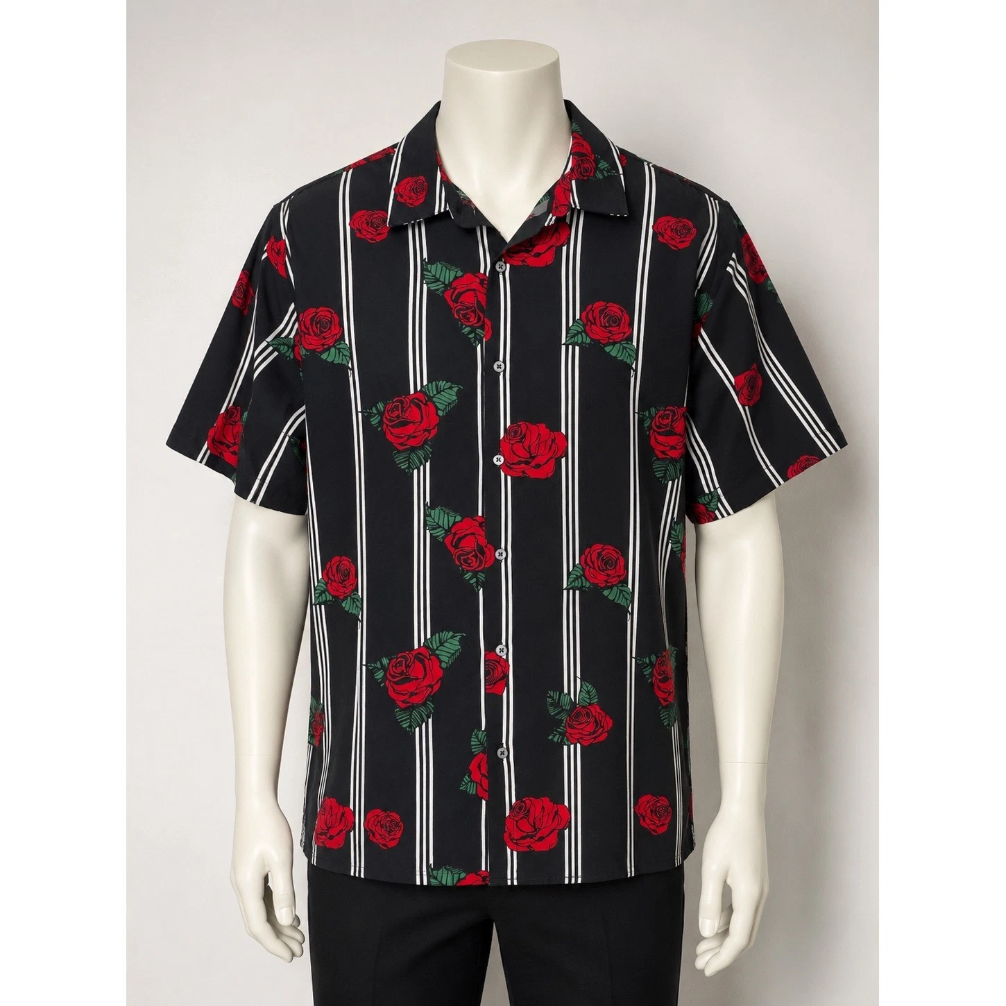 Fresh Prints of Bel-Air Mens 2XL Black Red Rose Stripe Stretch Button Down Shirt