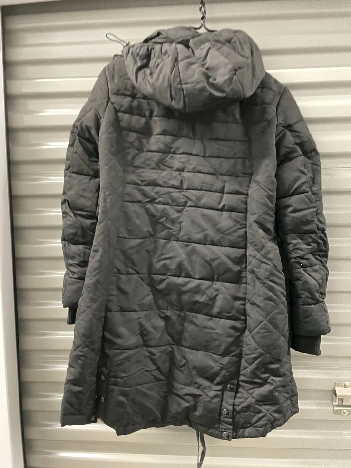 Guess Down Jacket Womens M Black Quilted Full Zip Puffer Coat Hooded Mid Length - Image 3 of 4