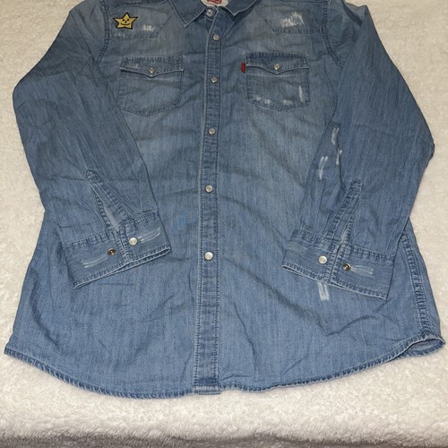 Levi's da uomo denim perla a scatto effetto invecchiato manica lunga XL viso sorridente ricamato - Foto 5 di 19