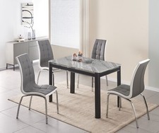 Dining Table Set Grey Marble Effect Glass Top Metal Frame 4 Faux Leather Chairs
