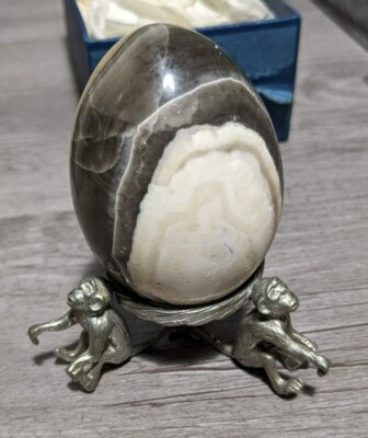 Vintage Carved Stone Egg On Pewter Monkey Display Stand Figurine Rock Decor