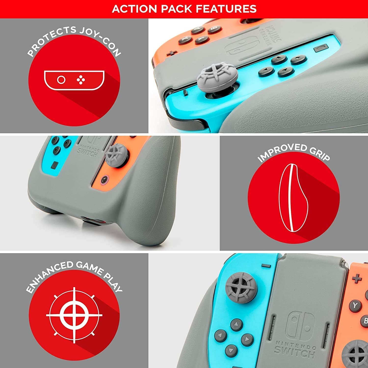 Officially Licensed Nintendo Switch JoyCon Action Pack Grip and Thumb