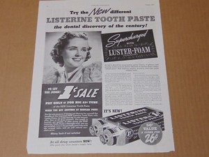 1938 LISTERINE TOOTHPASTE with Supercharged LUSTER-FOAM vintage art print ad
