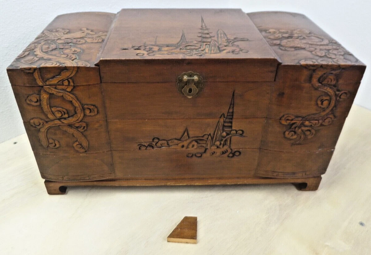 Vintage Hand Carved Chinese Wooden Jewelry Box Pagoda Dragons Red Velvet Lined