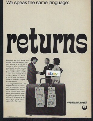 JAPAN AIR LINES 1967 RETURNS & REPEAT BUSINESS F/A & STEWARD SPEAK SAME AD