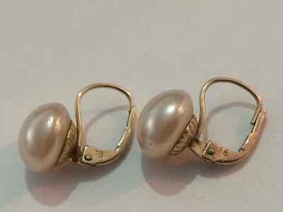 Vintage Solid 8K Gold Pearl Leaverback Earrings From Greece