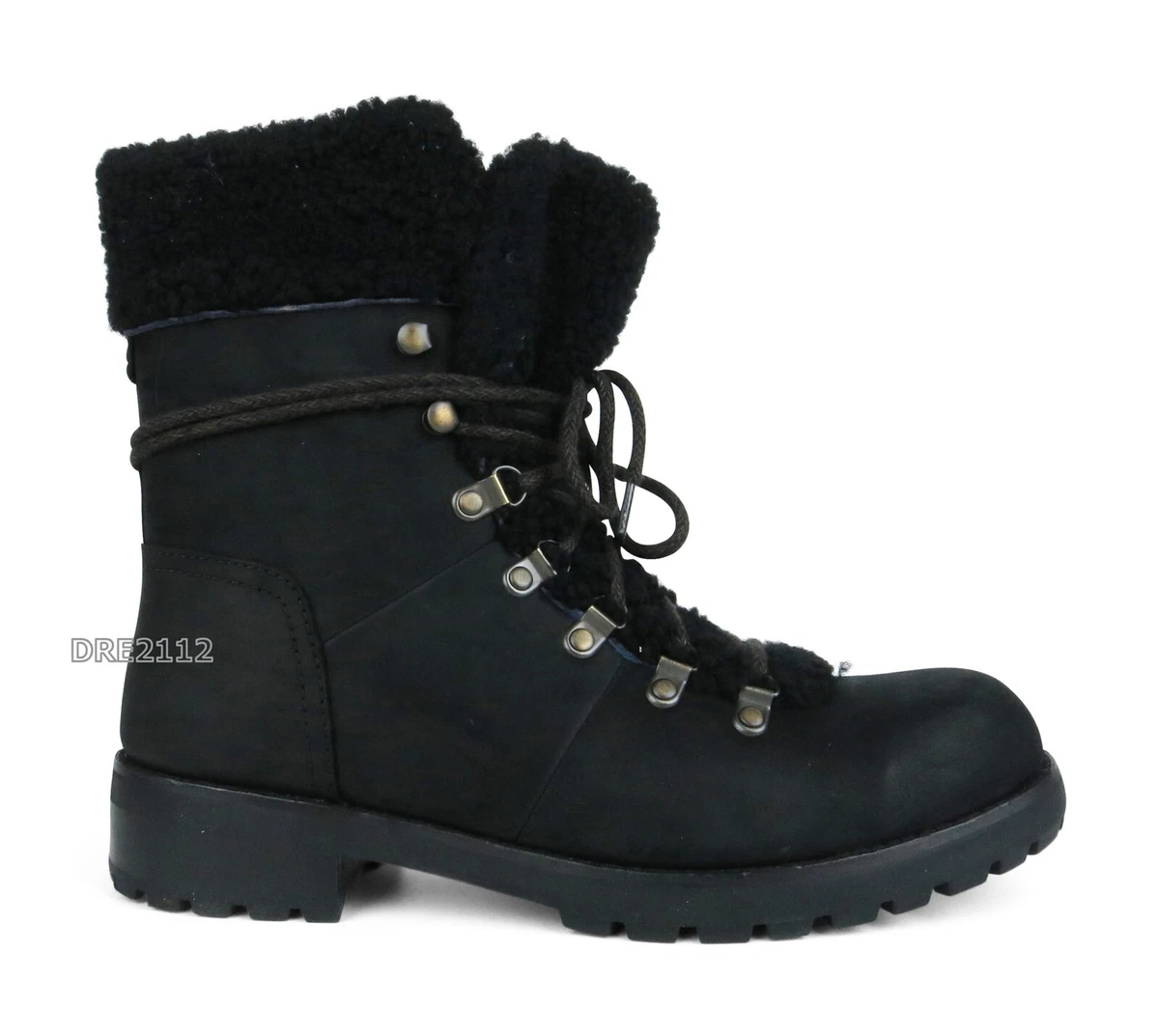 UGG Fraser Black Leather Fur Boots Womens Size 10 NIB eBay