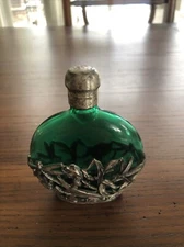 VTG Green Glass Perfume Bottle w/Silver Ornate Wrap Screw on Top