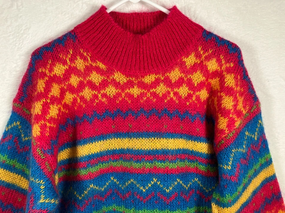 Suéter Mohair Rosa Vintage Años 80 Para Mujer Cuello Simulado Talla Grande Azul Estampado Colorido Foto 2 de 4