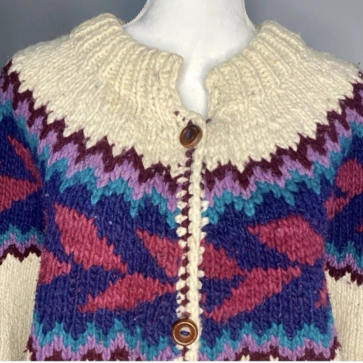 Vintage Chunky Handknit Wool Cardigan Sweater Ecuador Cream Blue Burgundy XL 90s - Image 4 of 4