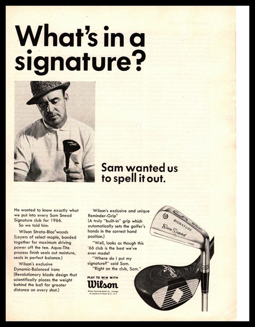 1966 Sam Snead Pro Golfer Wilson Signature Golf Clubs "Reminder Grip