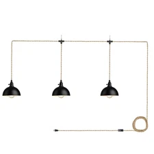 Triple Pendant Light with Plug in Cord - Industrial 3-Light Hanging Lamps wit...