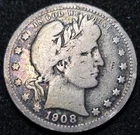 1908-O Barber Silver Quarter 25C. Silver Melt over $14 Today..