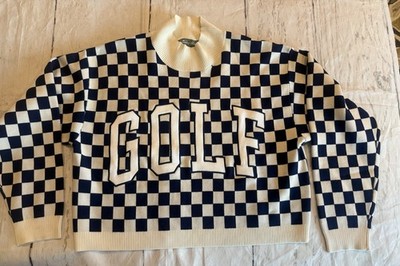 Gameday Social GOLF Large Unisex Comfort Crew Neck Sweater Checkered Blue White